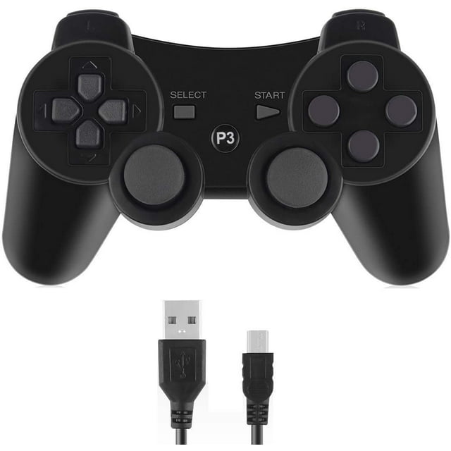 Wireless Controllers Replacement for PS3 Remote Gamepad Joystick Double Vibration with Charging Cable (Black)