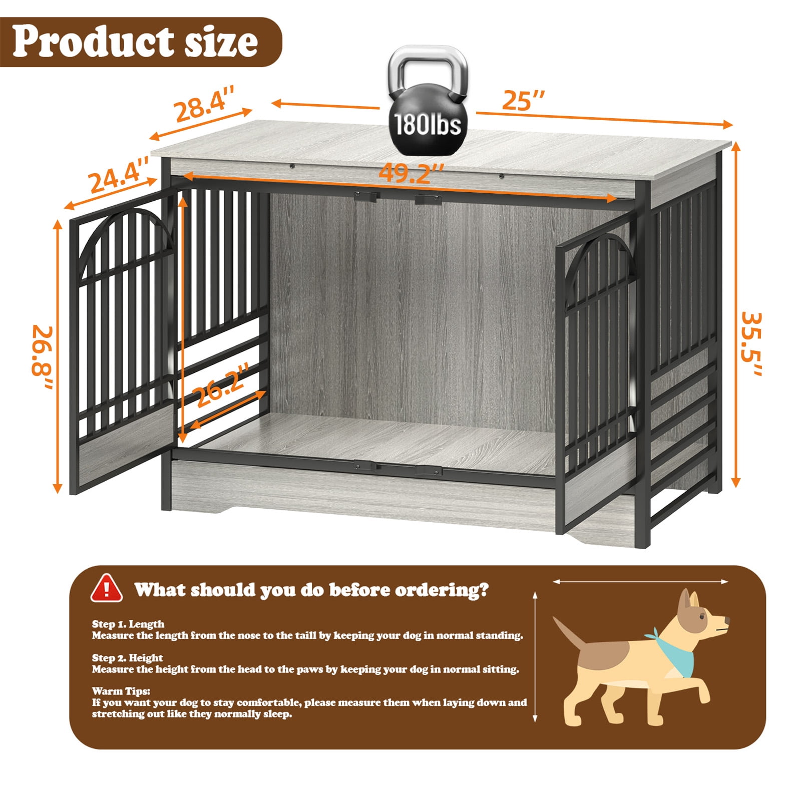52 Inch Dog Crate Furniture, XL Indoor Dog Kennel for Extra Large Breeds, Heavy Duty Wooden Dog Cage with Double Arched Doors, TV Stand & End Table, Gray