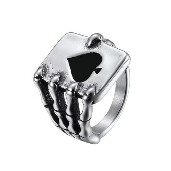 PAMTIER Men's Stainless Steel Vintage Ace of Spades Gothic Dragon Claw Ghost Hand Skull Biker Ring Punk Poker Playing Card Statement Silver Size 8