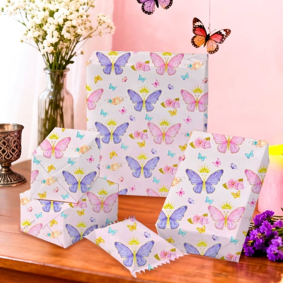Pink Purple Butterfly Wrapping Paper - Romantic Princess Theme 6-Pack for Party Decor & Gift Wrapping