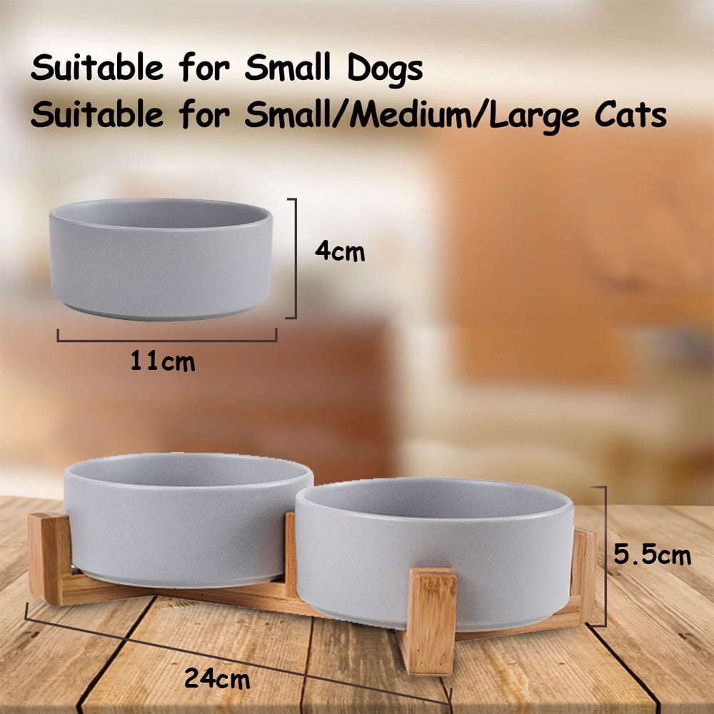 Pet Bowls,Ceramic Cat Dog Bowl Set with Wood Stand for Food and Water,Non-Slip Cute Pet Bowls