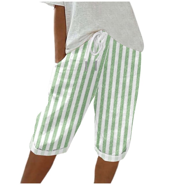 Plebaso Women's Striped Knee Length Shorts Drawstring Casual Shorts Loose Lounge Short Pants with Pockets