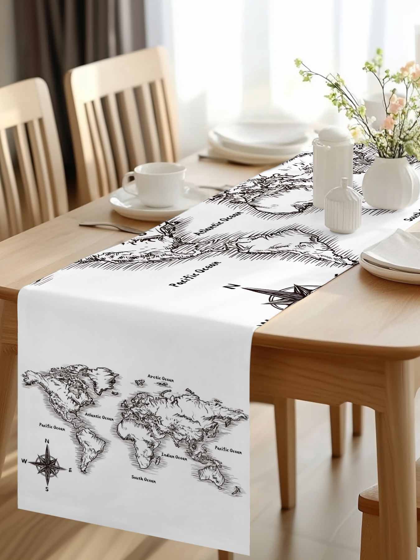 Sea Map Table Runner, Vintage Black White Nautical Travel World Map Compass Washable Cotton-linen Table Runners Dining Kitchen Decoration for Everyday Home Wedding Party Decor, 13 x 108 Inch