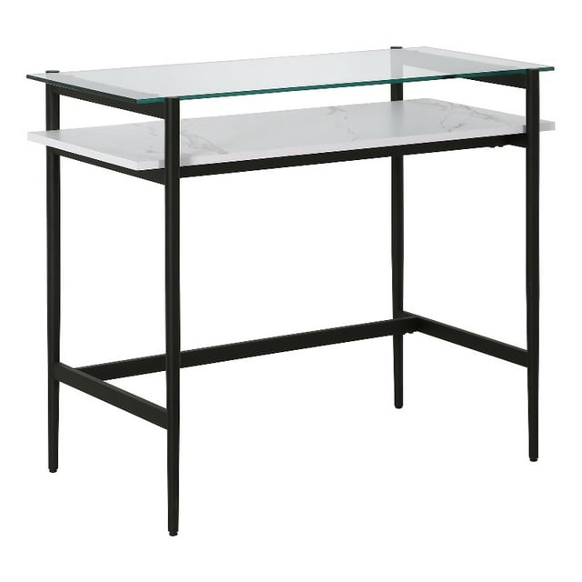 Henn&Hart 36" Modern Metal Desk with Faux Marble Shelf in Black