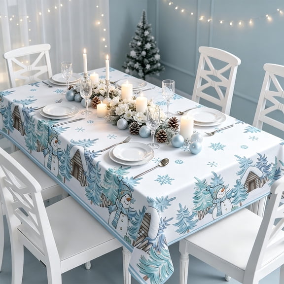 Honeplcked Christmas Tablecloth Decorations, Winter Snowman House White Washable Rectangle Table Cloth for Party Picnic Dinner Decor 70 x 55Inch