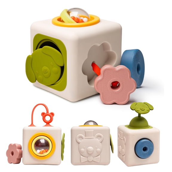 Taf Toys Busy Cube Toy Silicone Activity Cube for Baby 6 Months & Up Pop-It, Shape-Sorting, Sensory Exploration Spinning Bead Ball Develop Motor Skills Problem-Solving Montessori Toys for 1  Year Old