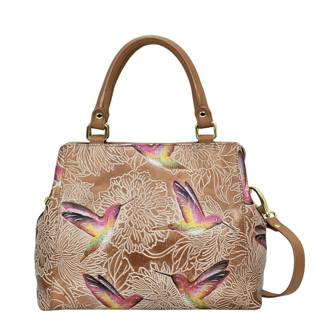 Anuschka Women’s Genuine Leather Multi Compartment Satchel | Hand Painted Original Artwork |Tooled Birds Tan