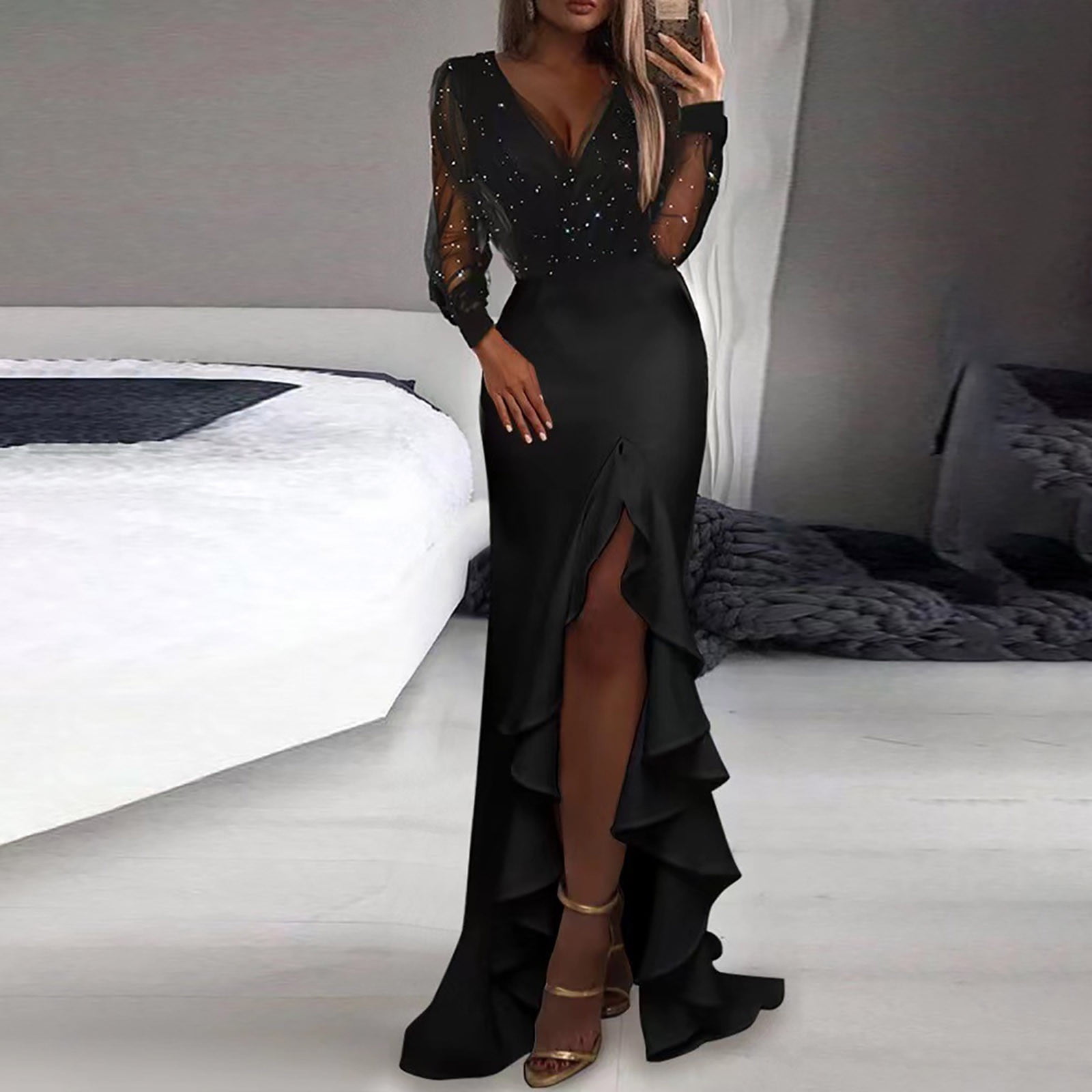 Blvb Womens V Neck Formal Maxi Dress Sexy V Neck Mesh Sequin Evening Gown Ruffle Split Long Sleeve Floor Length Dresses Black