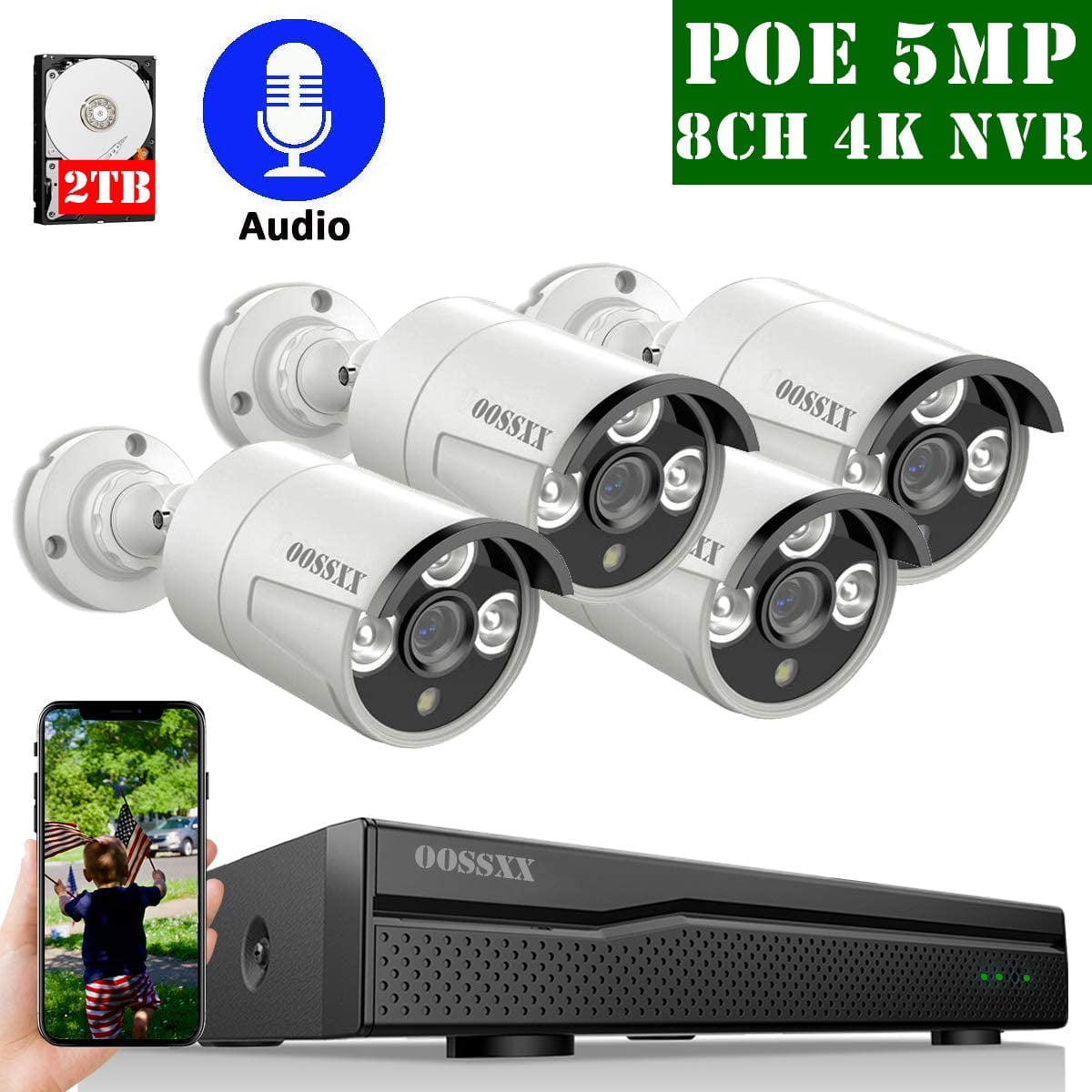 PoE Security Camera System，Wired Home NVR System，4K 8CH NVR and 4CH 5mp Waterproof IP