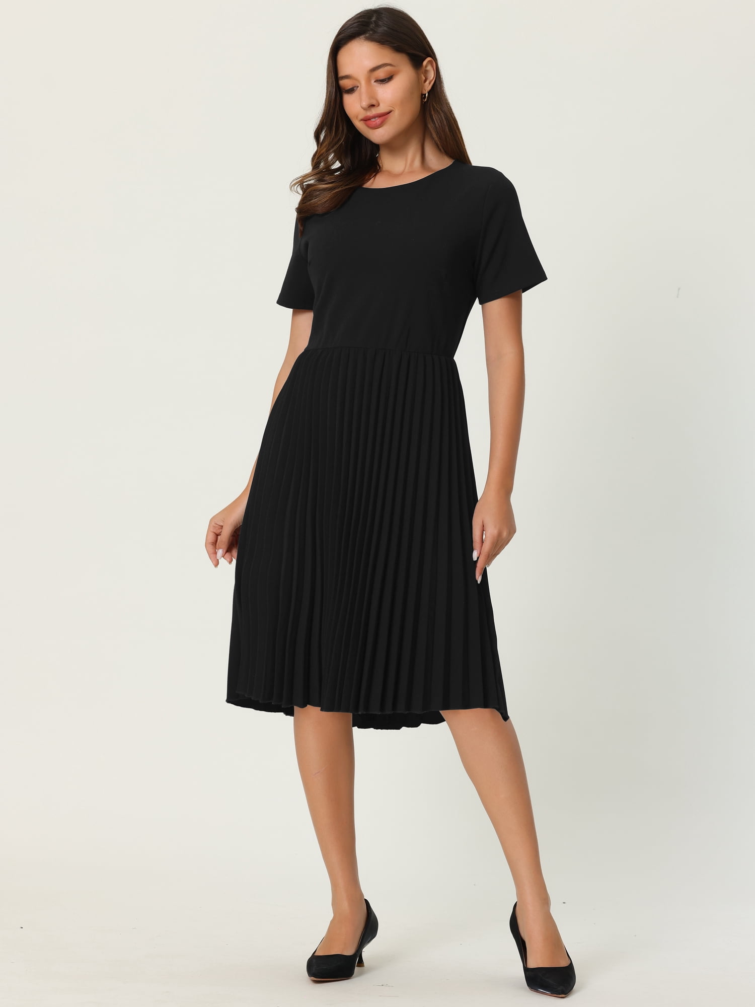 DARING DIVA Pleated Midi Short Sleeve A-Line Dress L Black