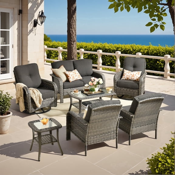 XIZZI 7 Pieces All Weather Outdoor Patio Furniture Sectional Set with Swivel Rocking Chair and Coffer Table, Wicker Outdoor Conversation Sofa Set for Backyard, Porch, Garden-Black