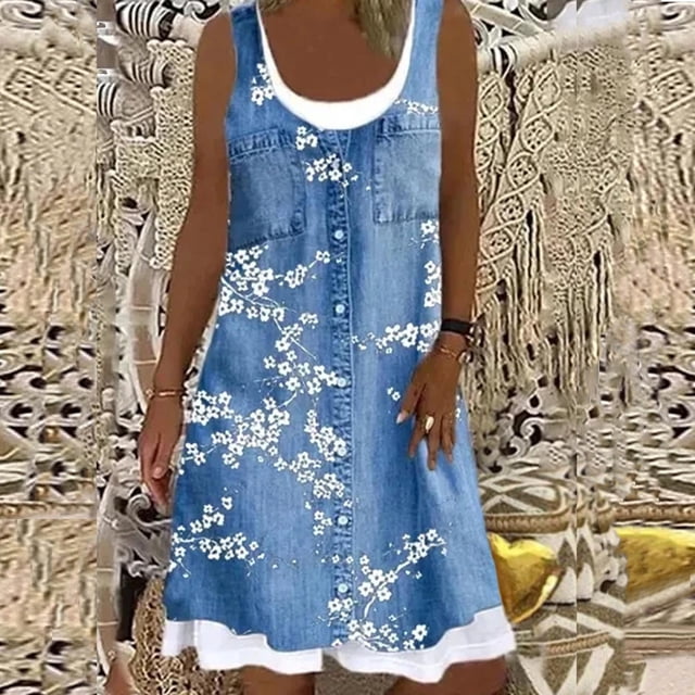 LOVZFMLL Robe Décontractée Aguichant à Col Rond Imprimé Floral Faux Deux-Pièces pour Femmes Bleu Ciel 3TG