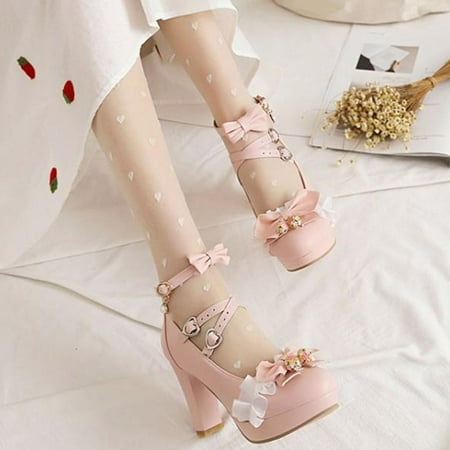 

bvgfsahne Sweet And Fresh Lace Bow Thick Sole Buckle Ladies Fairy High Heel Sandals
