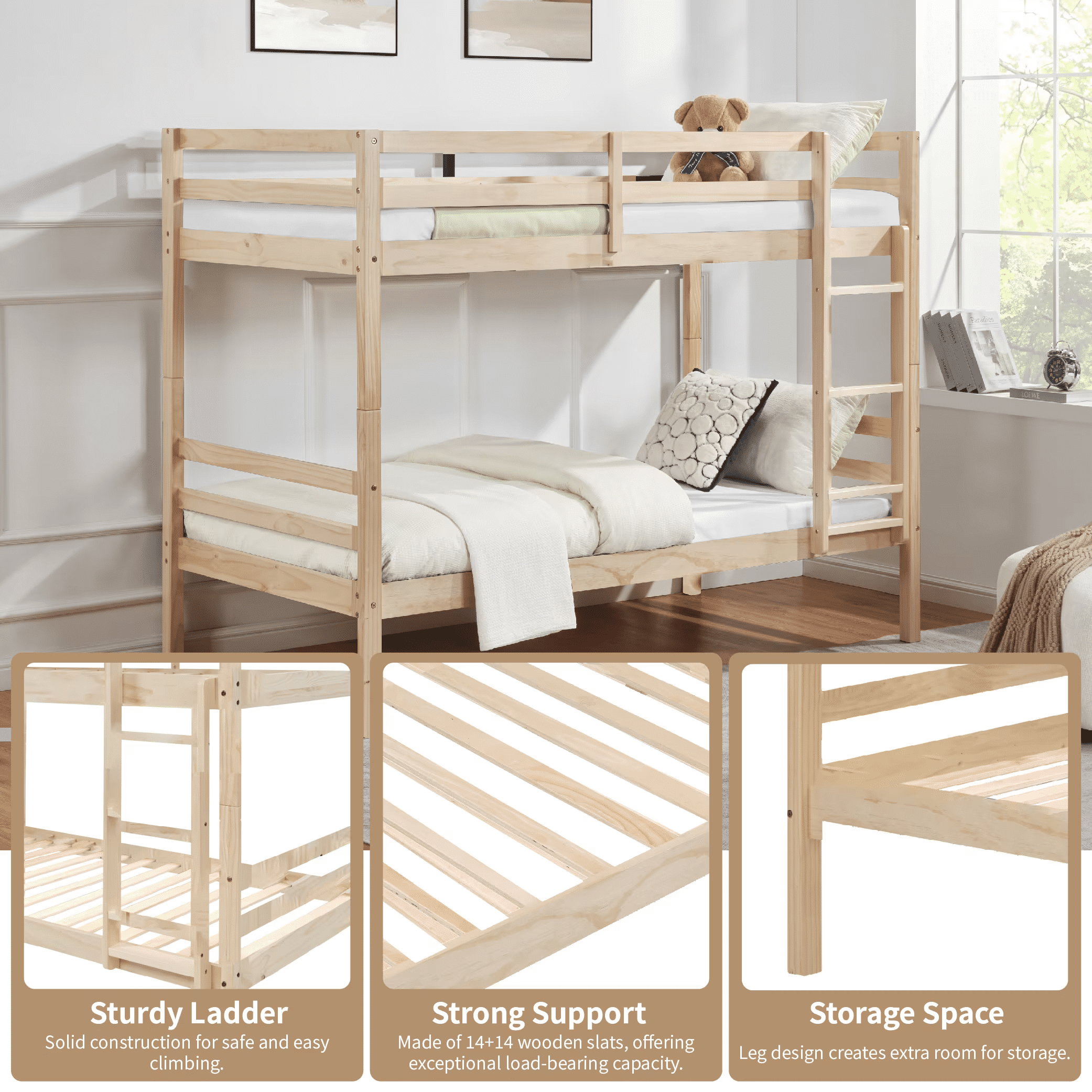 MAYEERTY Twin over Twin Bunk Bed with Ladder, Wooden Bed Frame with High Guardrail and Ladder for Kids, No Box Spring Needed, White