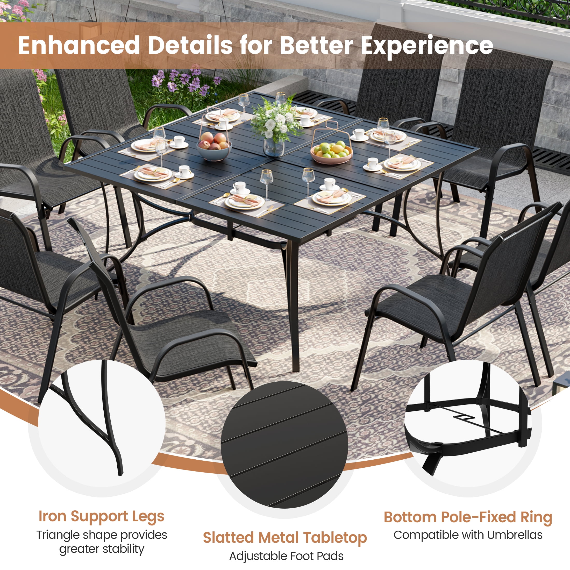 ELPOSUN 9-Piece Outdoor Patio Dining Set, 8 Textilene Chairs & Large Square Steel Table with Umbrella Hole, All-Weather Furniture for Garden, Balcony,Dark gray