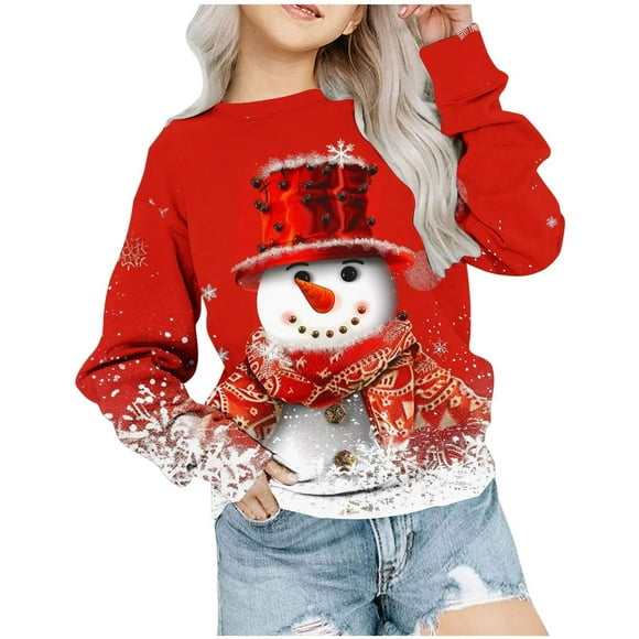 lcziwo Chandails en Molleton de Noël pour Filles Bonhomme de Neige Graphique Grande Taille Col Rond Manches Longues Chandail Épaules Tombantes Chemises Amples pour 1-12 Ans Rouge, 5 Ans