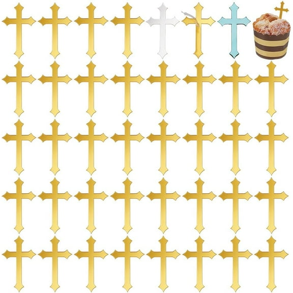 40 Pcs Gold Mirror Crossing Cupcake Toppers 1.9x1.1 inch Acrylic Cake Toppers Baptism Cake Toppers for Baptism Decor Babyshower Birthday Christian Decorations