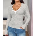 thumbnail image 4 of Women Lace Henley T Shirts Button Down Slim Fit Tops Long Sleeve V-Neck Tunic Top Blouse Light Gray M, 4 of 8