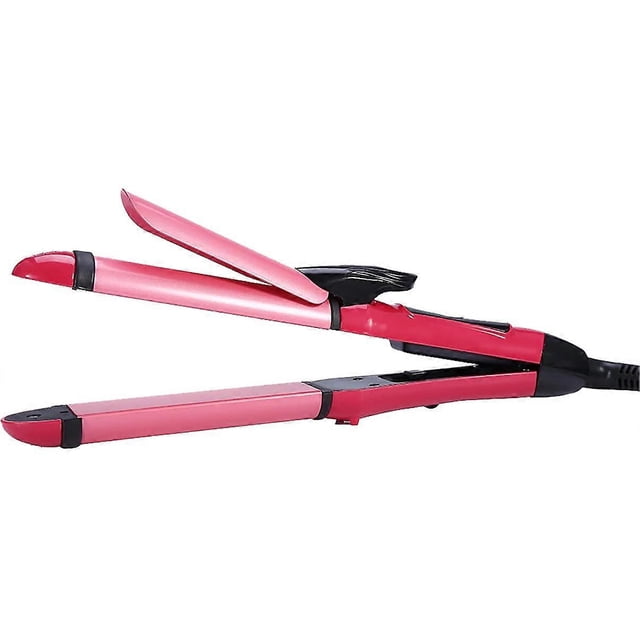 Plancha y rizador de pelo 2 en 1, color rosa, con calentamiento rápido y control de temperatura ajustable.