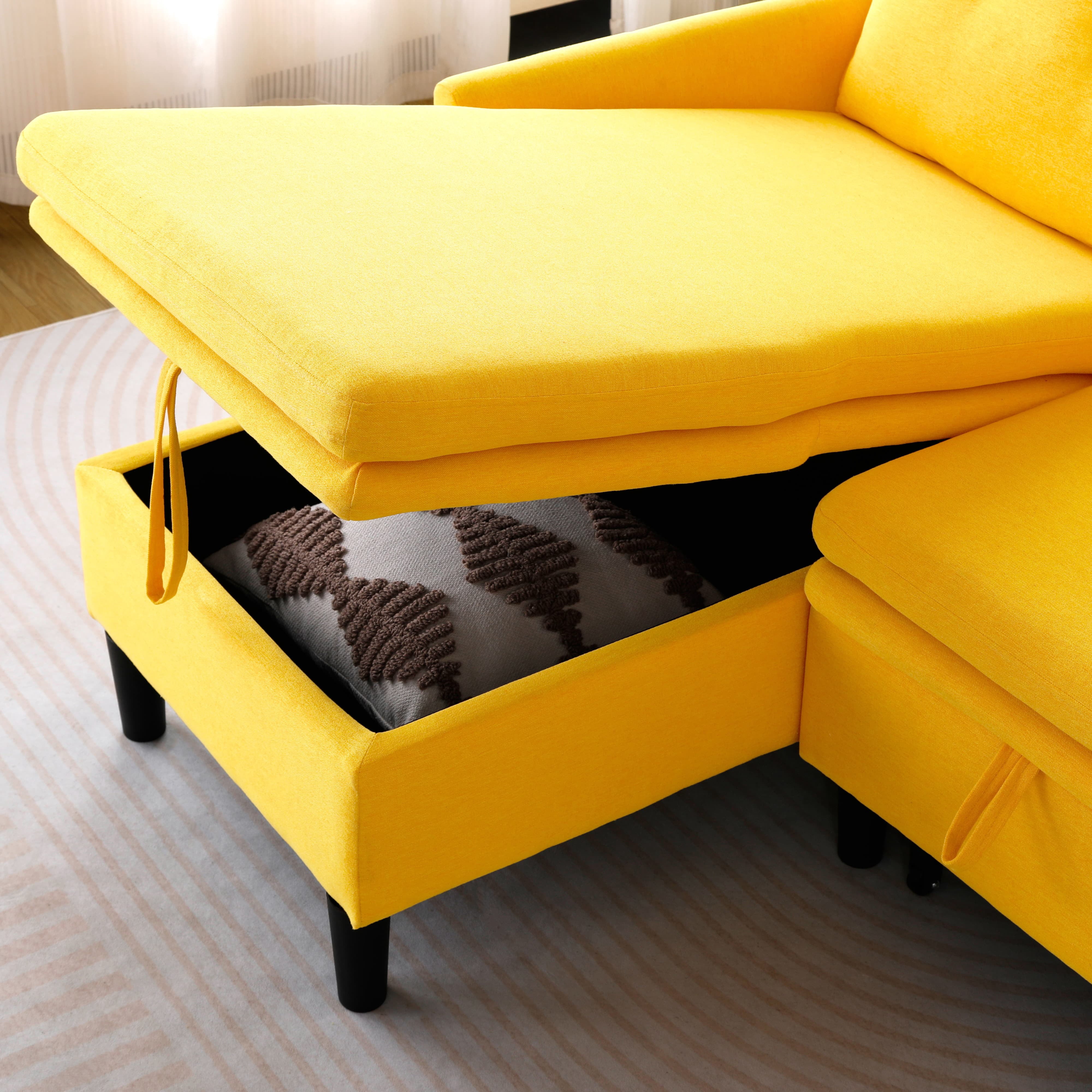 MAYEERTY L-Shaped Reversible Chaise Sectional Sofa Linen Sofa Bed with Storage, for Apartment, Yellow