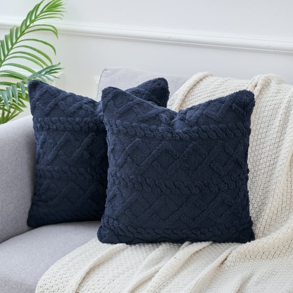 REGALWOVEN Set of 2 Decorative Throw Pillow Covers Faux Fur Throw Pillow Covers for Sofa Dark Blue 12" x 20"