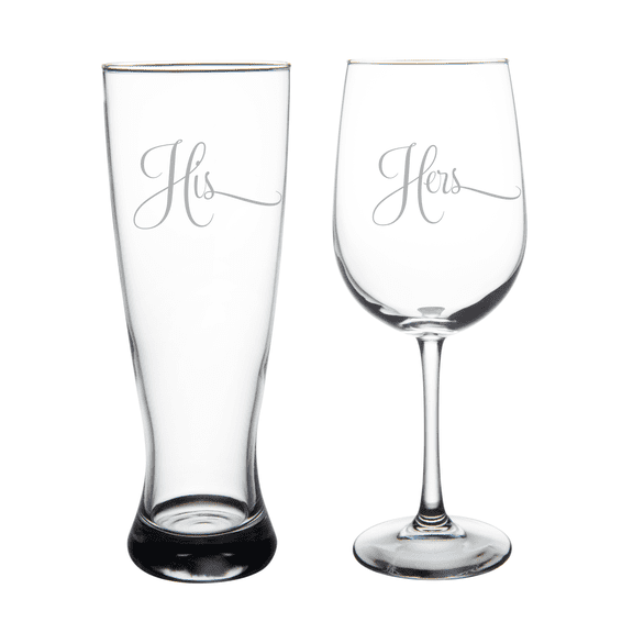 C&M Personal Gifts His and Hers 23 oz Beer Glass and 19 oz Wine Glass Set of 2 -Weddings- Anniversaries - Engagements - Couple Gift