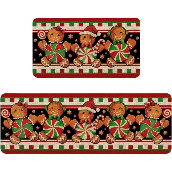 Christmas Cute Gingerbread Man Rugs Set,Winter Xmas Kitchen Mats for Floor,Kitchen Decor,Holiday Decorations for Home,17x30 inch Door Mat 17x47 inch Runner Rug