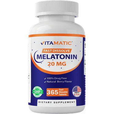 Vitamatic Melatonin 20mg Tablets | Vegetarian, Non-GMO, Gluten Free | 1 Year Supply | Natural Berry Flavor - 365 Tablets
