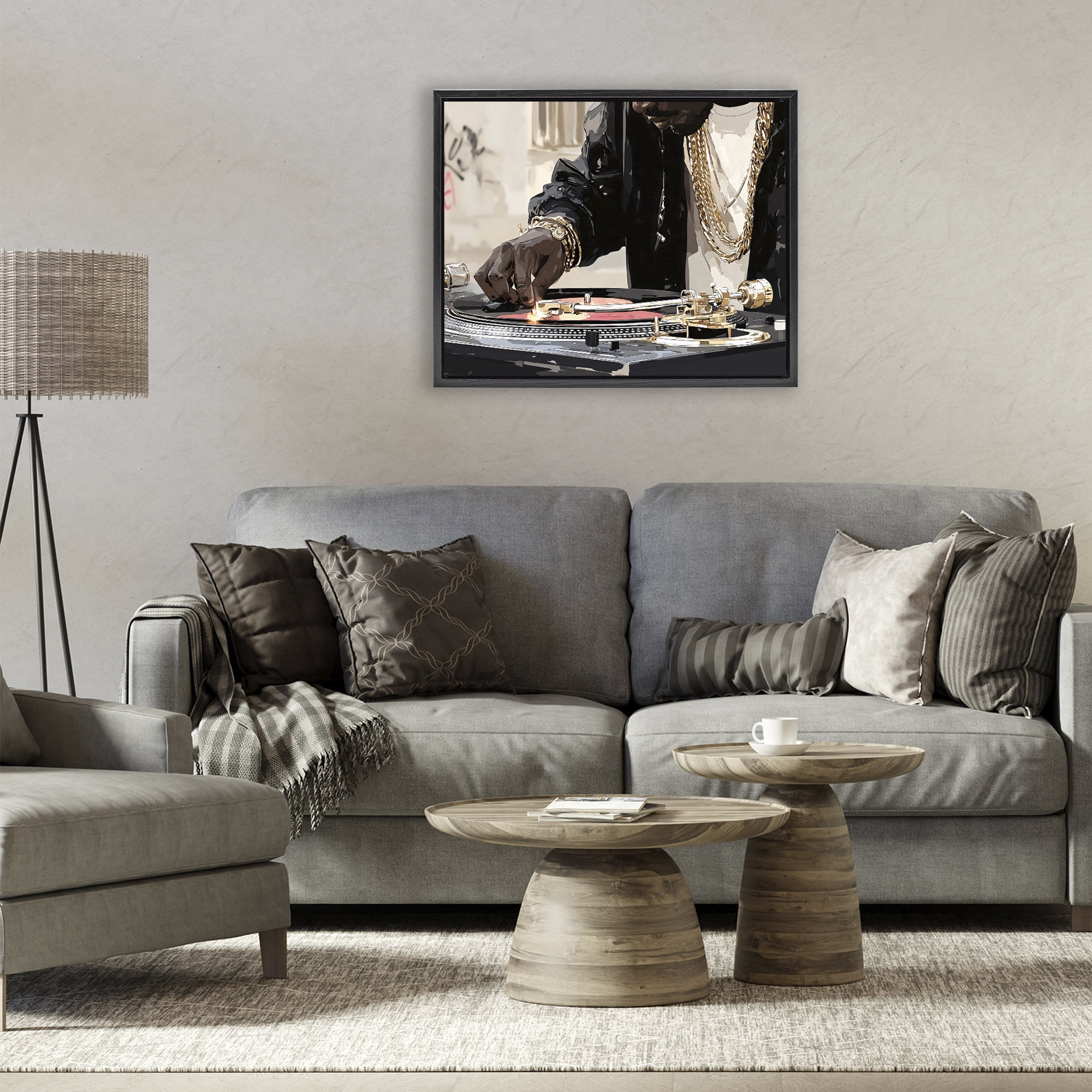 Stupell Industries Golden Touch on DJ's Turntable Black Framed Floater Canvas Wall Art, design by Franklyn Gregory