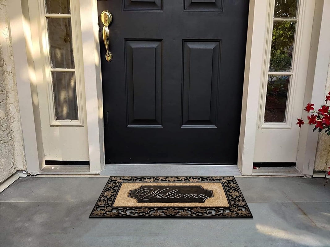 A1HC First Impression Rubber and Coir Large Floral Welcome Door Mat, 18" X 30", Dirt Trapper Thick Durable Heavy Duty Doormat