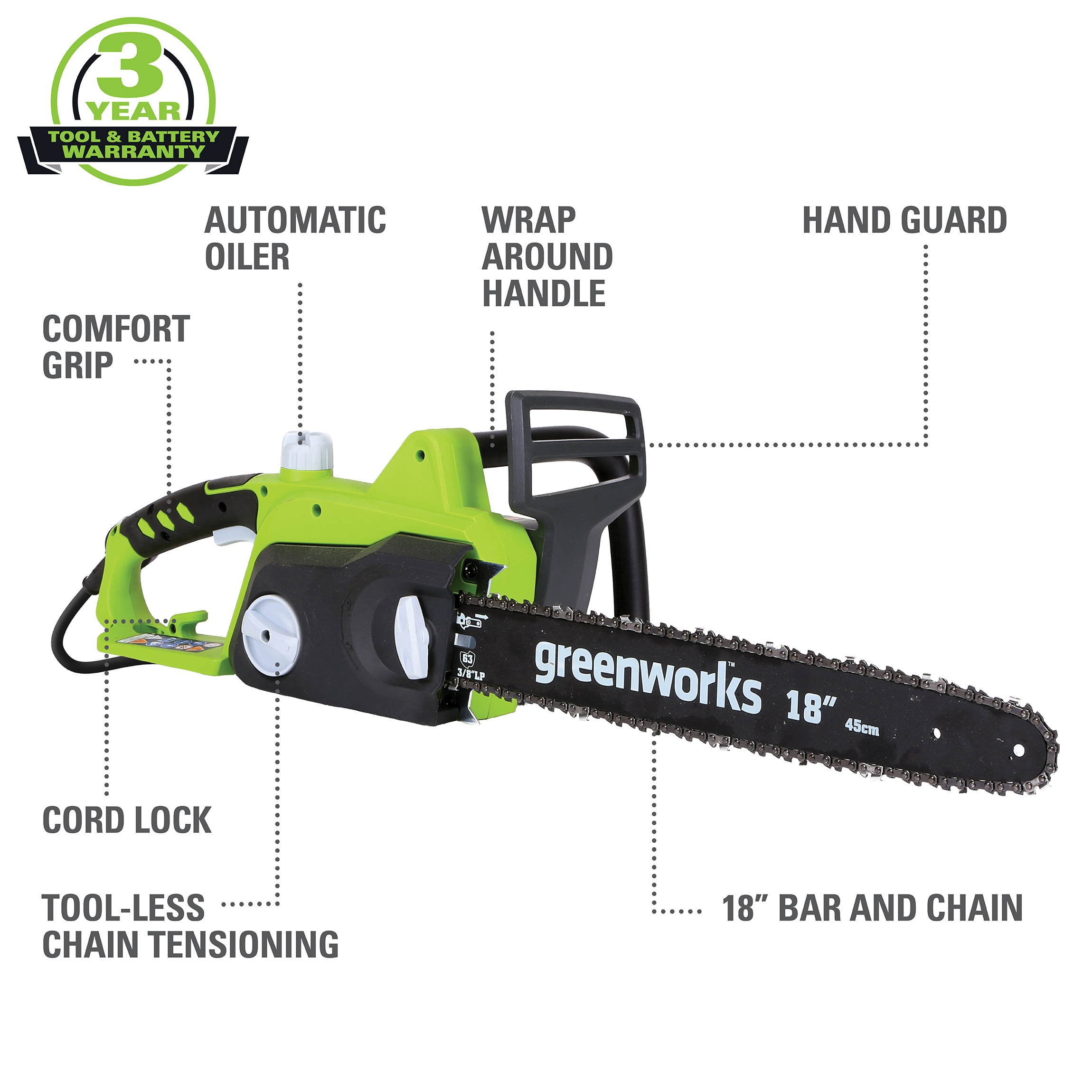 Greenworks 14.5 Amp 18" Corded Electric Chainsaw 20332 - image 3 of 14