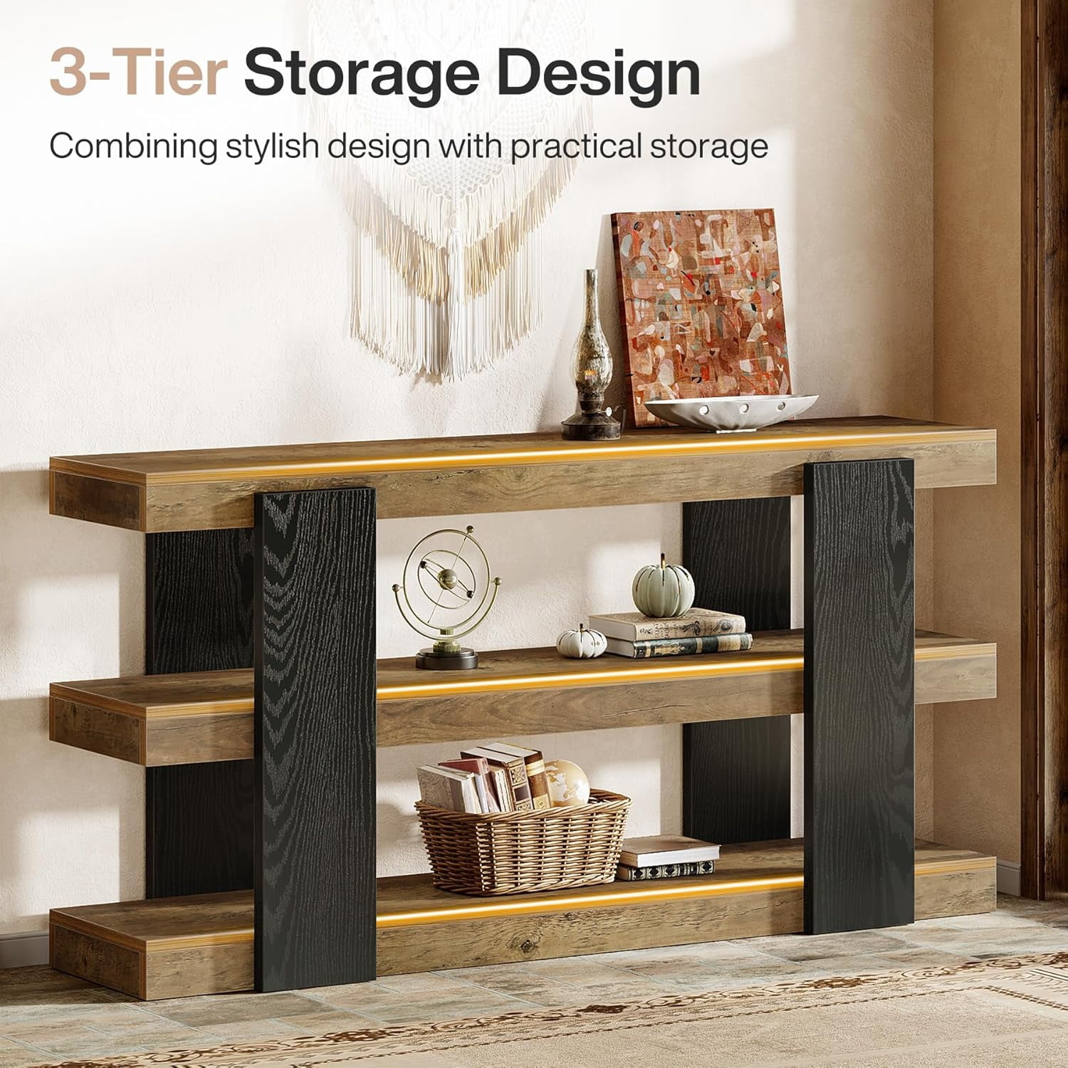 Finmind 63-Inch Farmhouse Console Table, 3-Tier Entryway Table with Storage, Rustic Brown & Black Wood Sofa Table for Living Room, Hallway, Entryway
