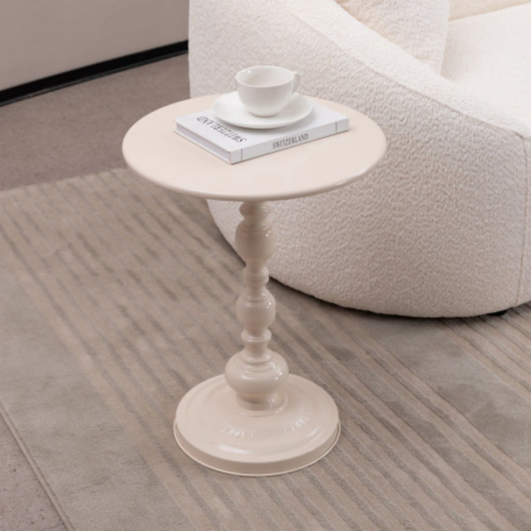 Round Metal Side Table, Vintage End Table with Pedestal Base, Small Accent Table for Sofa, Bedside, Balcony, Living Room & Bedroom, Cream White