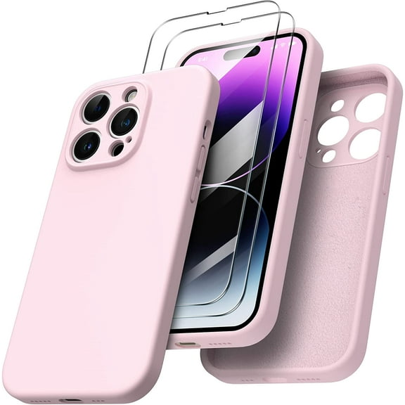 for iPhone 14 Pro Case with Screen Protector [2 Pack], Liquid Silicone Case Gel Rubber Cover [Full Body] Shockproof Protective Phone Case for iPhone 14 Pro 6.1 inch-Chalk Pink