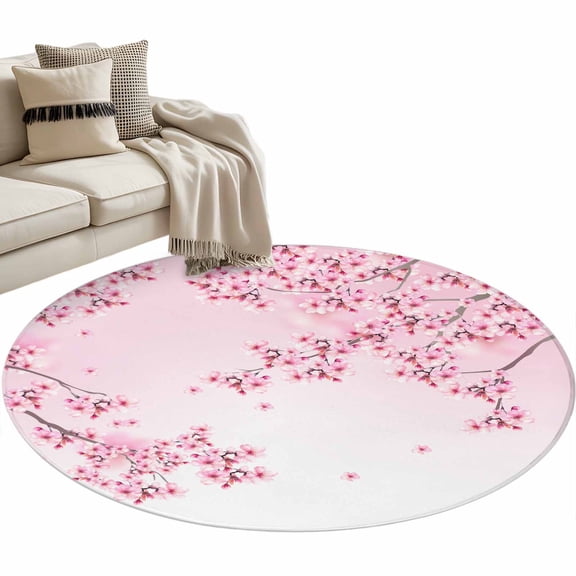 Cherry Blossom Round Area Rug 4 FT, Non Slip Indoor Outdoor Rug, Gradient Tree Pink Flower Plant Washable Soft Circular Carpet Non-Shedding Floor Mat for Coffee Table Nursery Foyer Balcony