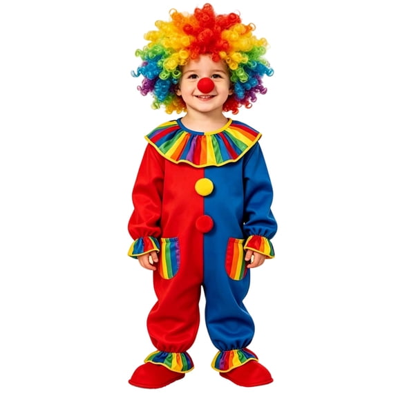 JIAYUE Kids Clown Costume Color Block Jumpsuit with Rainbow Ruffle Collar Colorful Wig Clown Nose for Halloween & Christmas Party Cosplay Outfit
