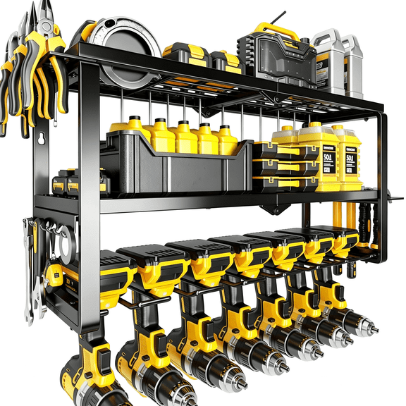 XIBUFE Power Tool Organizer Wall Mount- 300Lb Capacity 3-Tier Storage Rack with 7 Drill Holders for Garage Tools, Birthday Tools Gifts for Men Dad Husband
