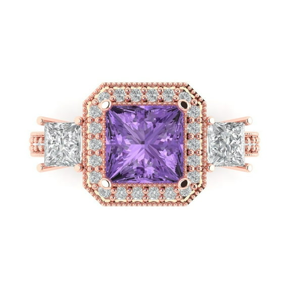 Three-Stone Engagement Ring for Women - 3.005ct Simulated Alexandrite in 18K Rose Gold Promise Ring
