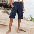 thumbnail image 2 of BXINGOHAI Women's Linen Bermuda Shorts Cotton High Waist Wide Leg Summer Drawstring Mid Length Shorts with Pockets Navy S, 2 of 7
