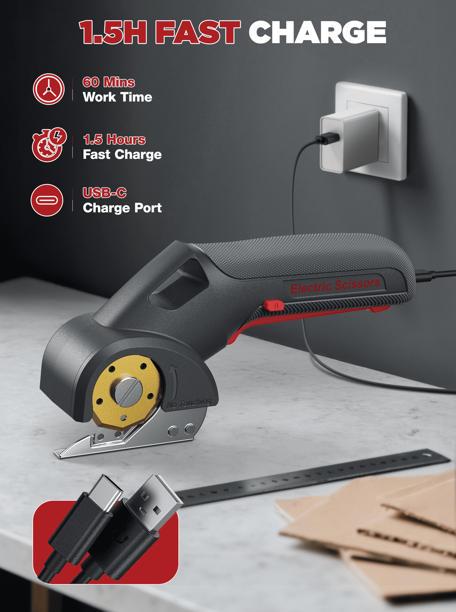 Tawom 4V Cardboard Cutter, Cordless Electric Cutting Tools with Safety Lock, 2 Titanium Rotary Blade, Rechargeable Electric Scissors for Fabric,Leather,Carpet,Box