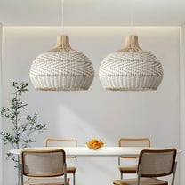 UEEYAC Natural Rattan Basket Pendant Lamp Kitchen Island Decor White Light Shade
