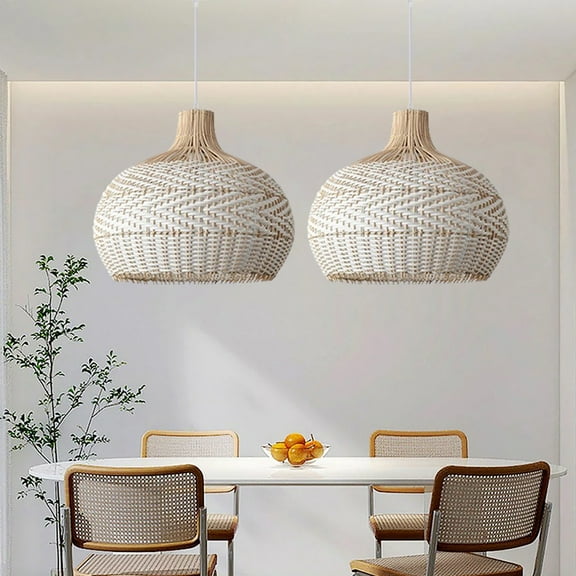 UEEYAC Natural Rattan Basket Pendant Lamp Kitchen Island Decor White Light Shade