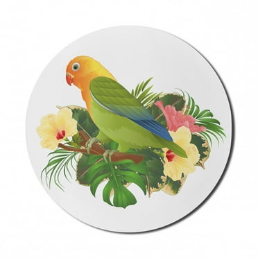 Tropical Mouse Pad for Computers, Exotic Agapornis Parrot on Branch with Hibiscus Flowers and Leaves Illustration, Round Non-Slip Thick Rubber Modern Mousepad, 8" Round, Multicolor, by Ambesonne