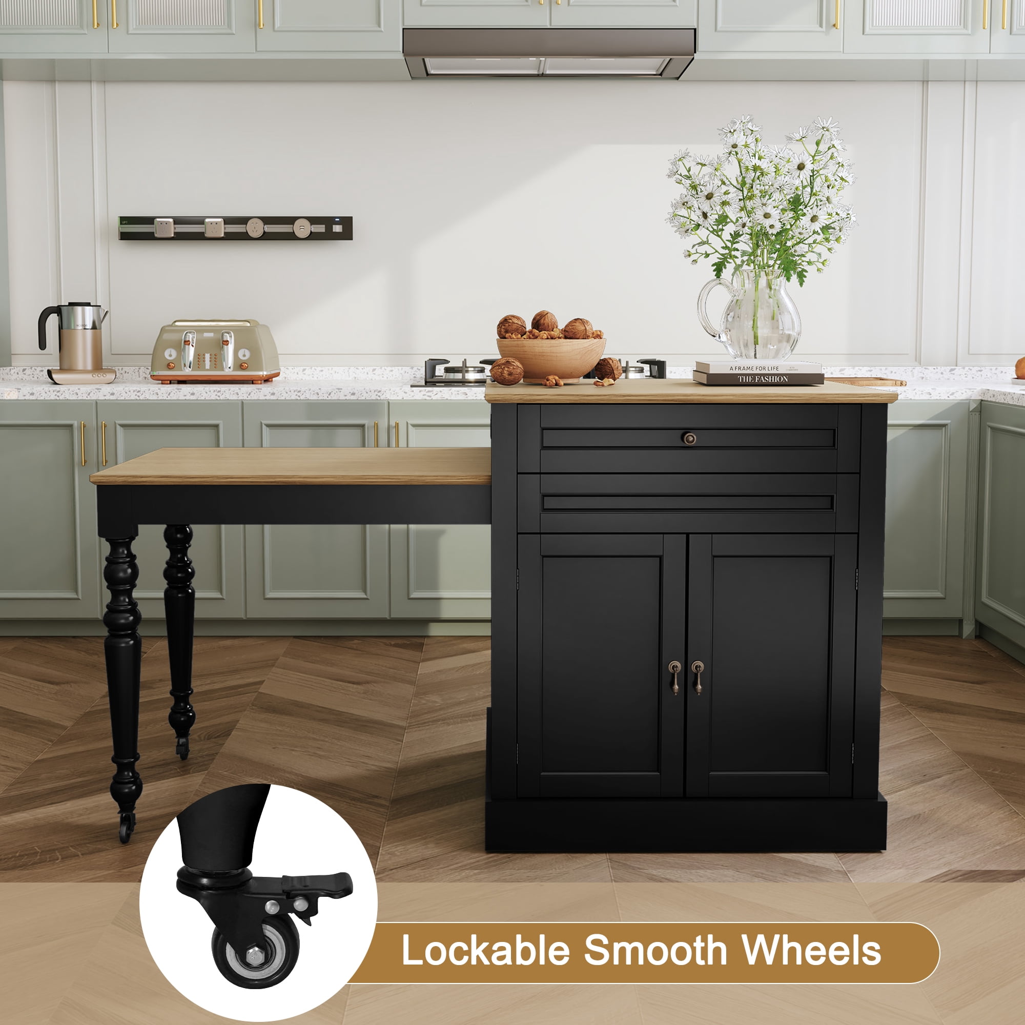 HLR 78.74" Mid-Century Extendable Kitchen Islands on Wheels with Roman column legs, Dining Table Cart with Storage, Black
