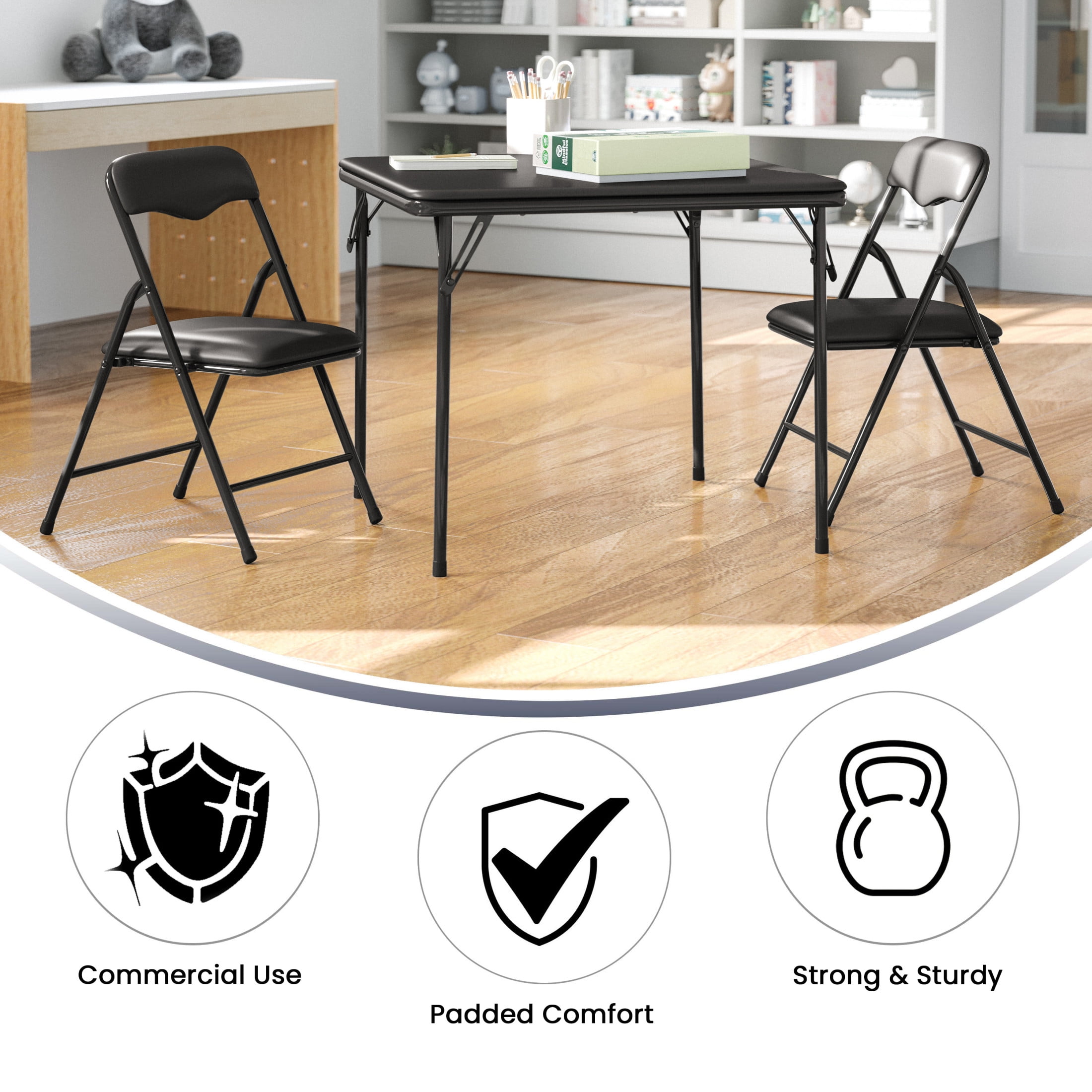 BizChair Kids Black 3 Piece Folding Table and Chair Set