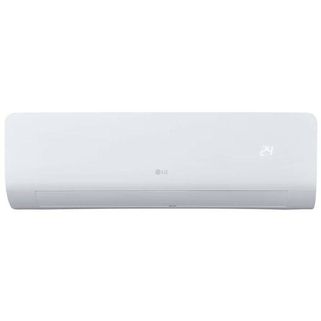 aire acondicionado on/off frío/calor lg mw242h4 Blanco, vista frontal centrada de minisplit de pared con logo LG en el centro y display digital derecho mostrando "24", rejilla inferior con lamas para distribución uniforme y oscilación automática; especificaciones visibles: R410A, SEER 11.3 y temporizador 24 h; a menudo se usa para climatizar oficinas o salas medianas.
