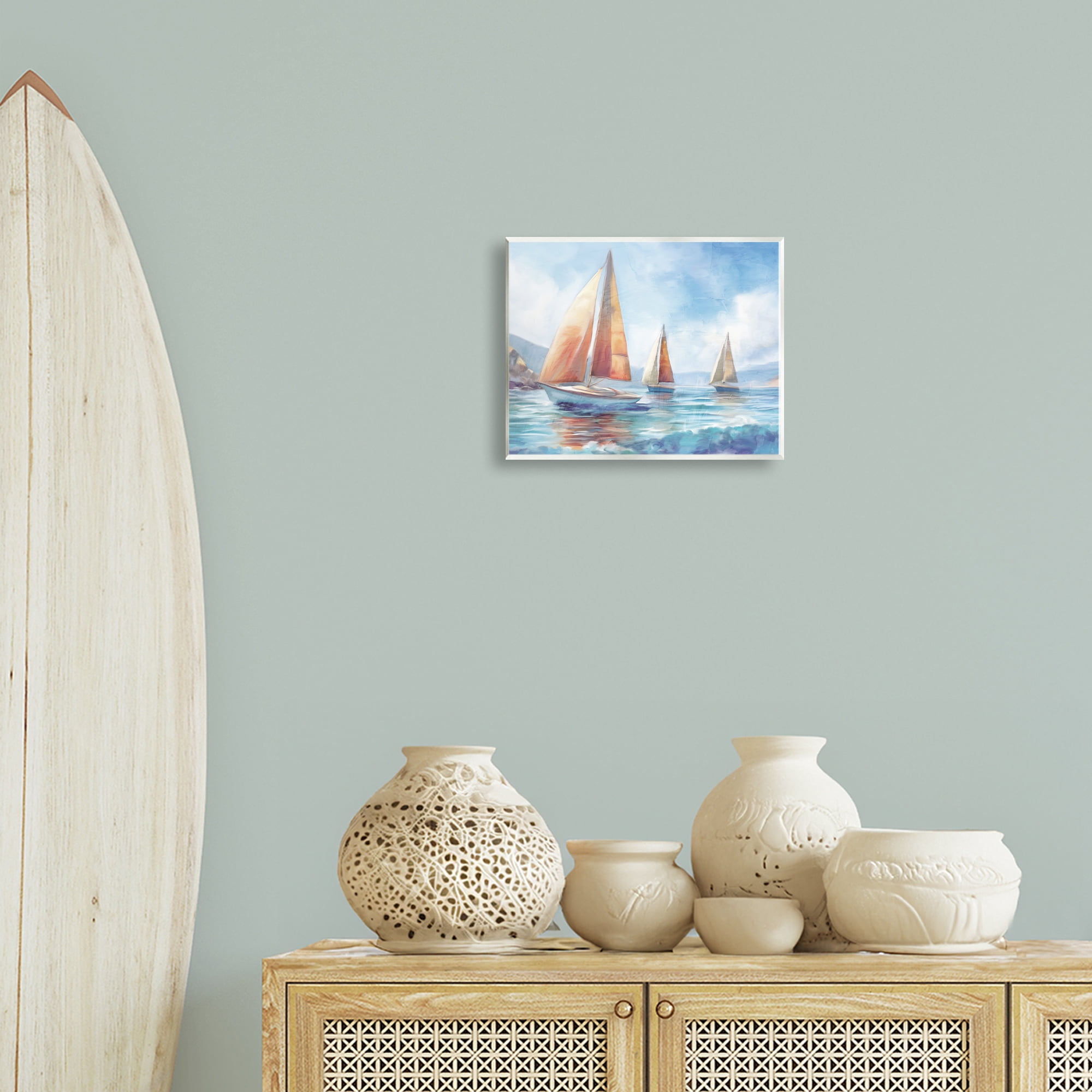Stupell Industries Three Boats Drifting Coastal Painting Unframed Art Print Wall Art, 14 x 11