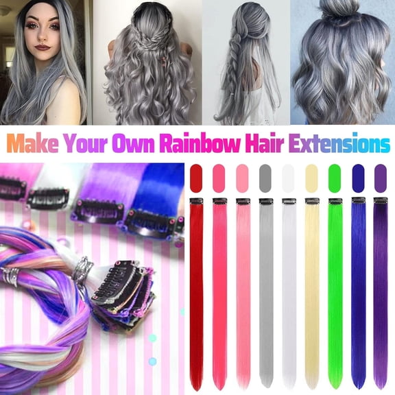 WEIF-12 PCS Grey Hair Extensions Clip in, Colored Party Highlights Extension for Kids Girls Synthetic Hairpiece Straight 22 inch