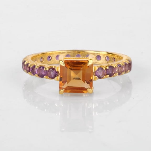 Orange Sapphire and Full Eternity Amethyst Bridal Band Ring, Princess Cut Prong Set Handmade Ring, 925 Starling Silver Minimalist Unique Handmade Ring,