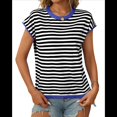 thumbnail image 1 of Camisetas de Mujer Elegantes, Informales, de Corta, con Bloques de Color, A Rayas y Cuello Redondo, Color Azul XL, 1 of 8